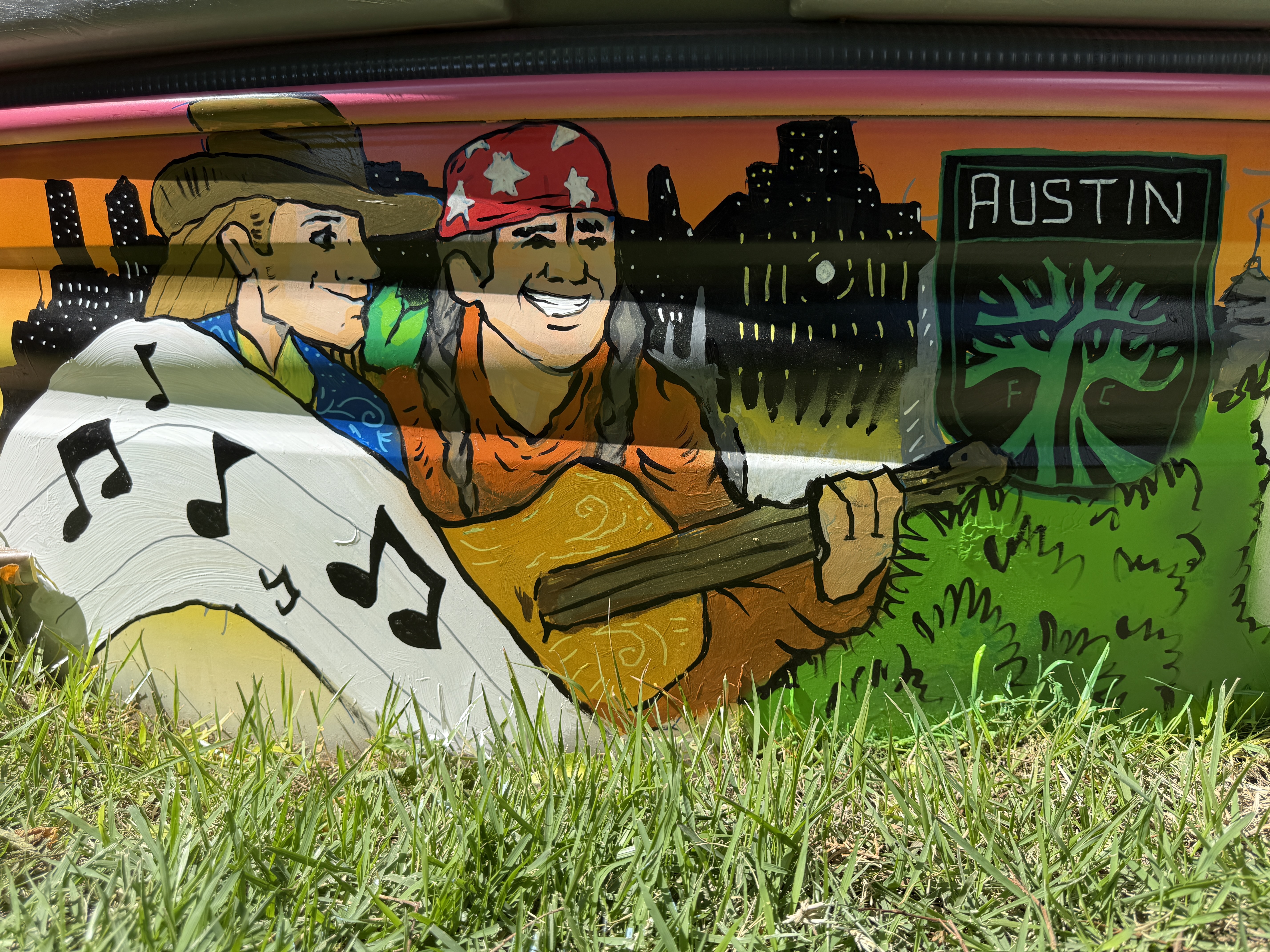 South Congress style mural painted on a metal Cowboy Pool in South Austin