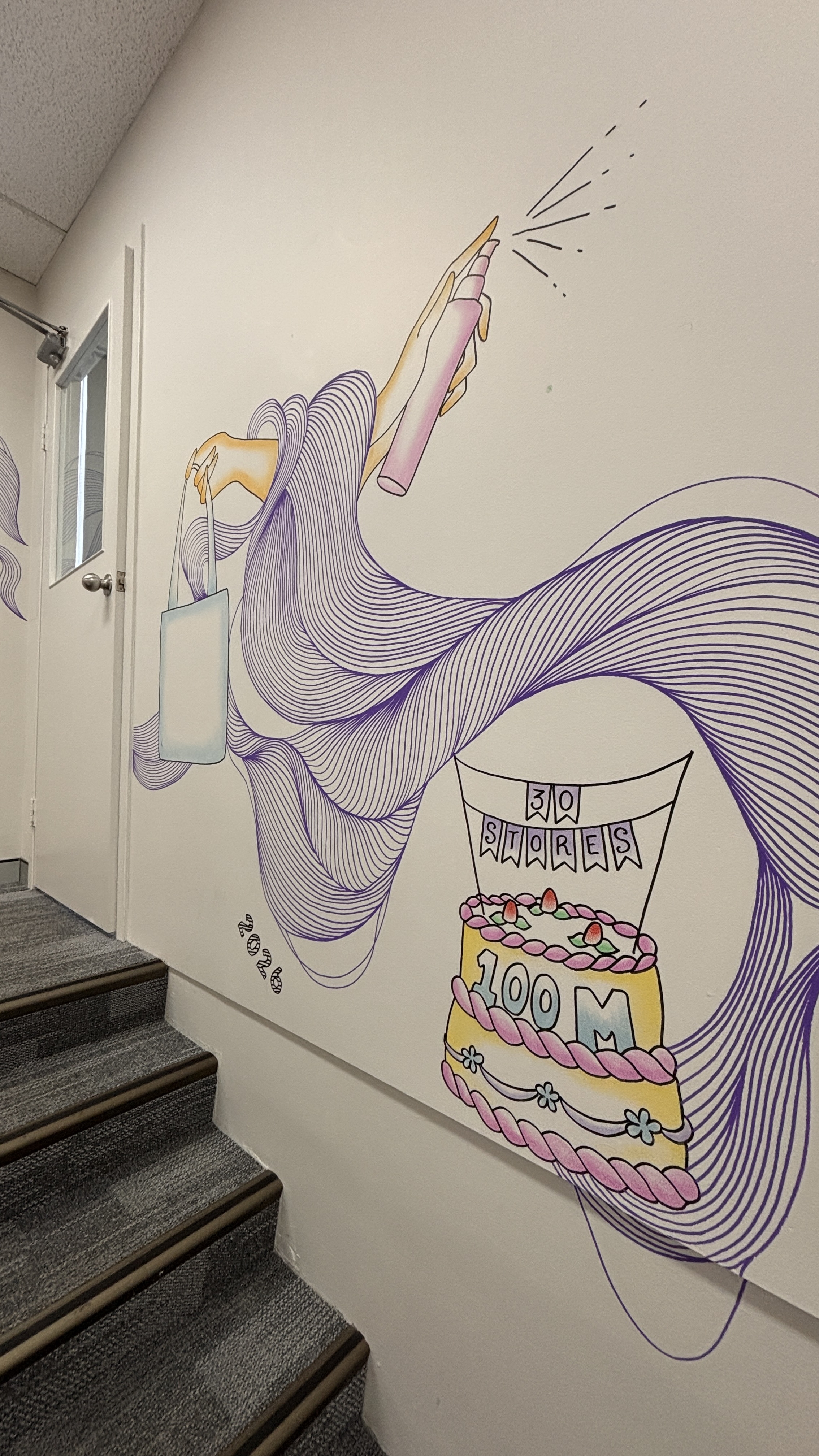 Company timeline mural painted up an office stairwell in Caringbah, Sydney