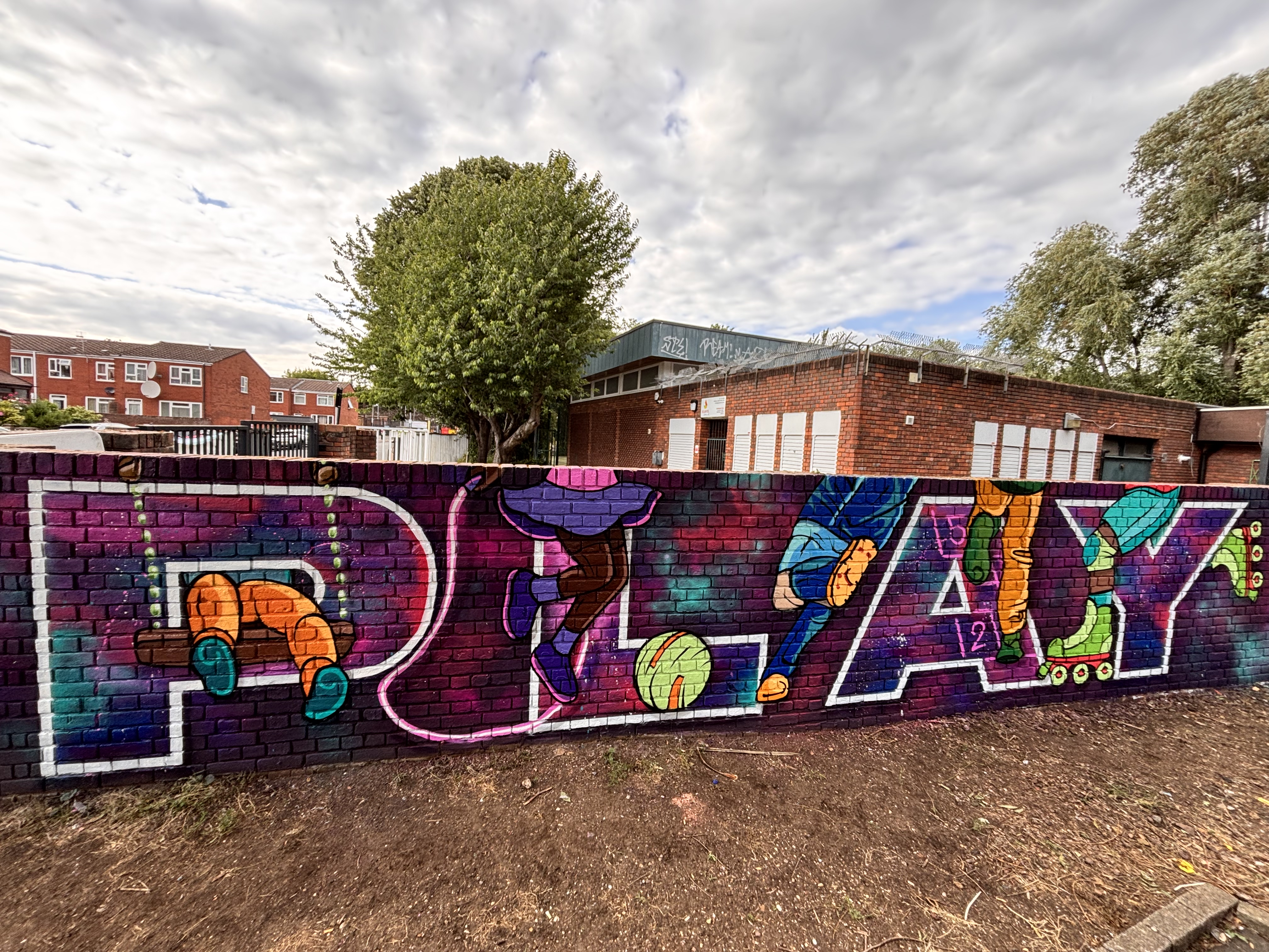 PLAY lettering mural with children playing sport woven into the letters, Heathbrook Park, Wandsworth